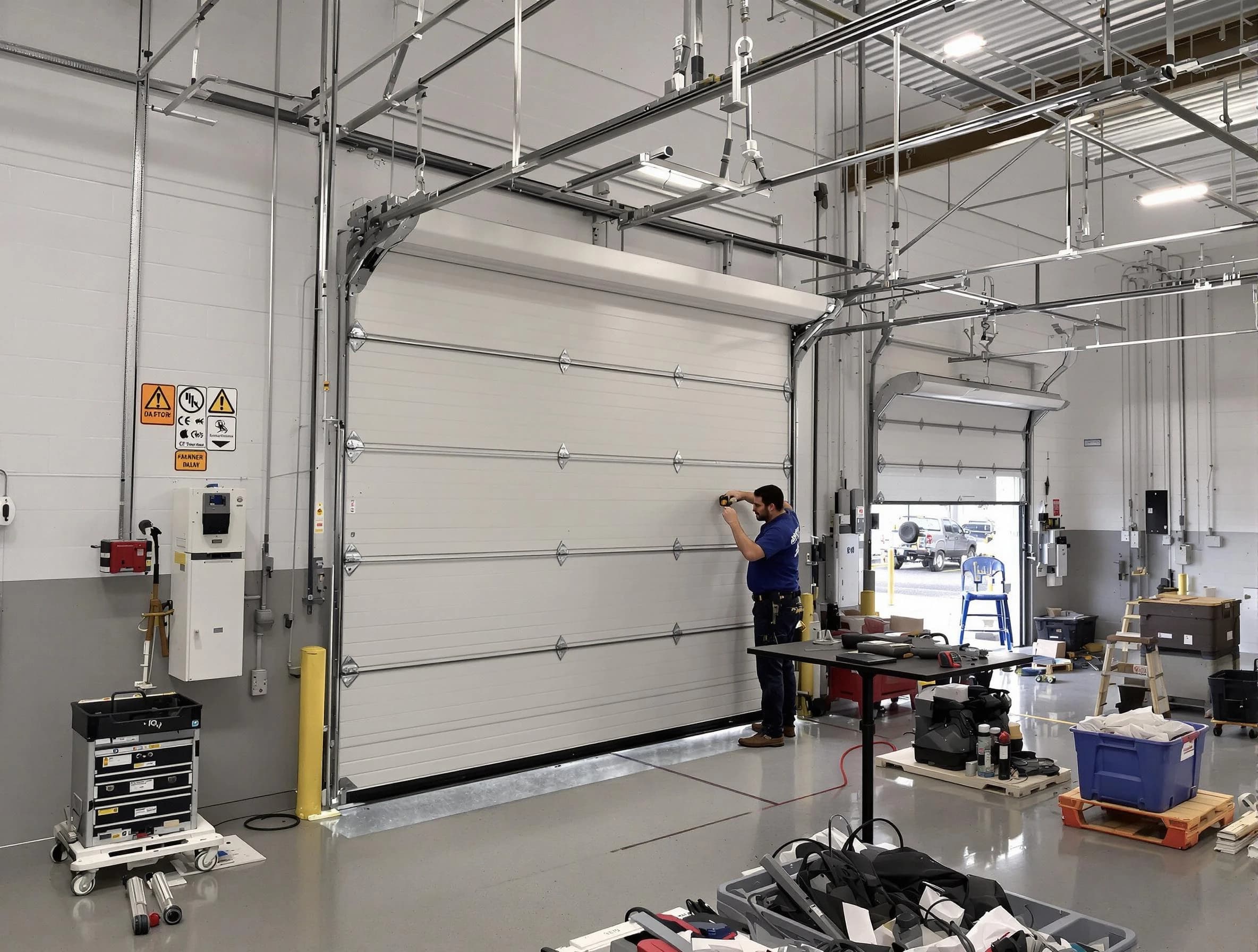 Commercial garage door repair being performed by Layton Garage Door Repair expert in Layton