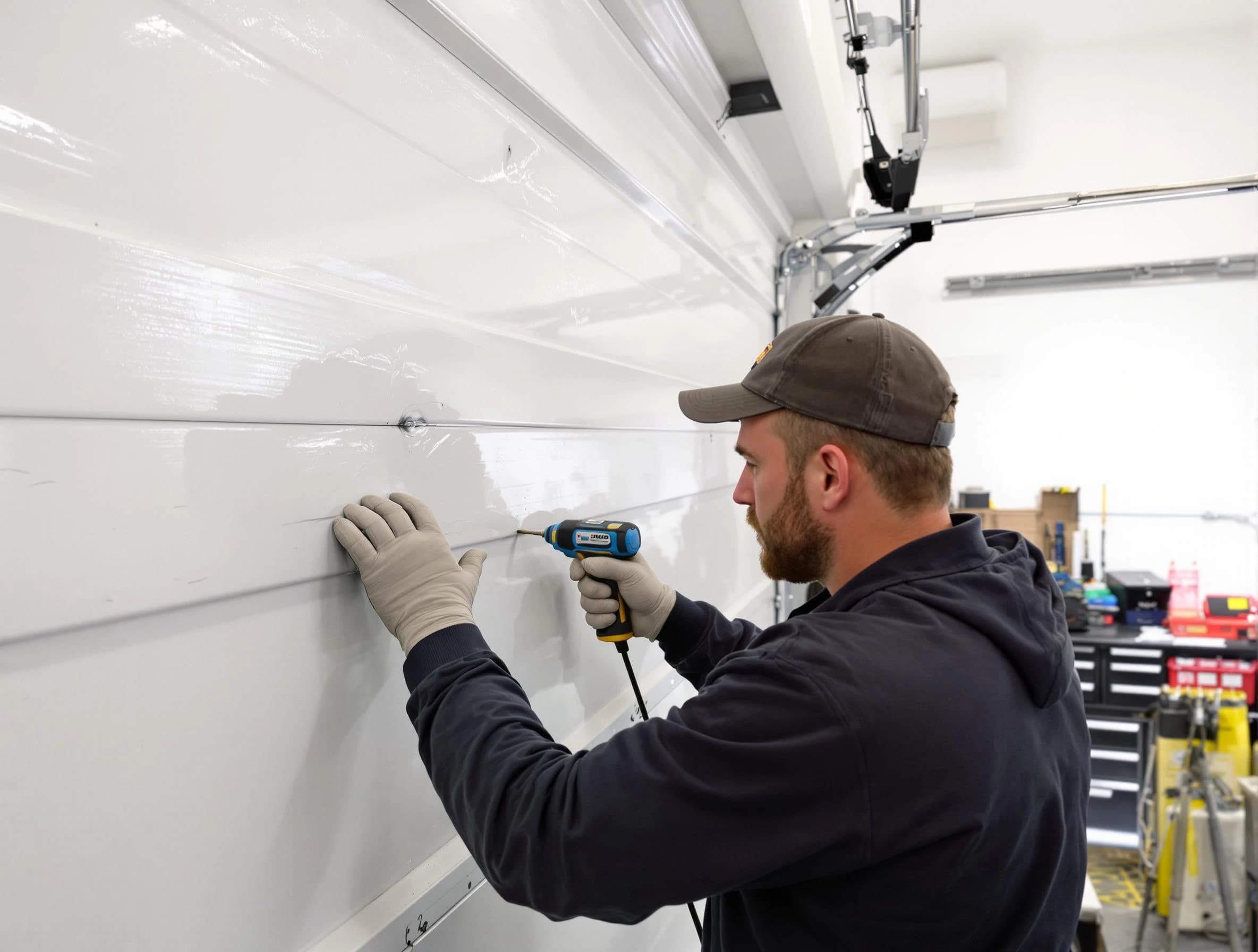 Layton Garage Door Repair technician demonstrating precision dent removal techniques on a Layton garage door