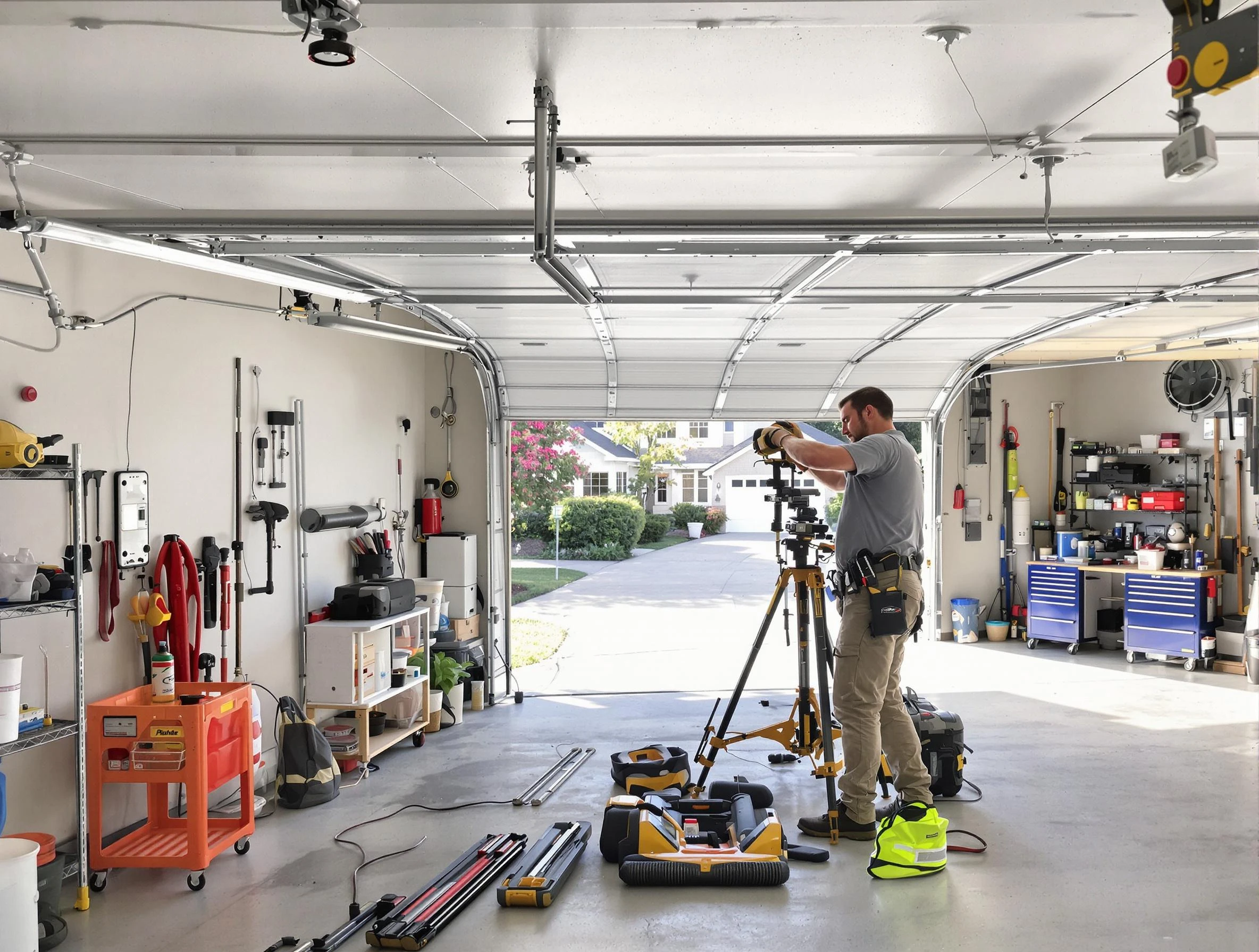 Layton Garage Door Repair specialist performing laser-guided track alignment in Layton
